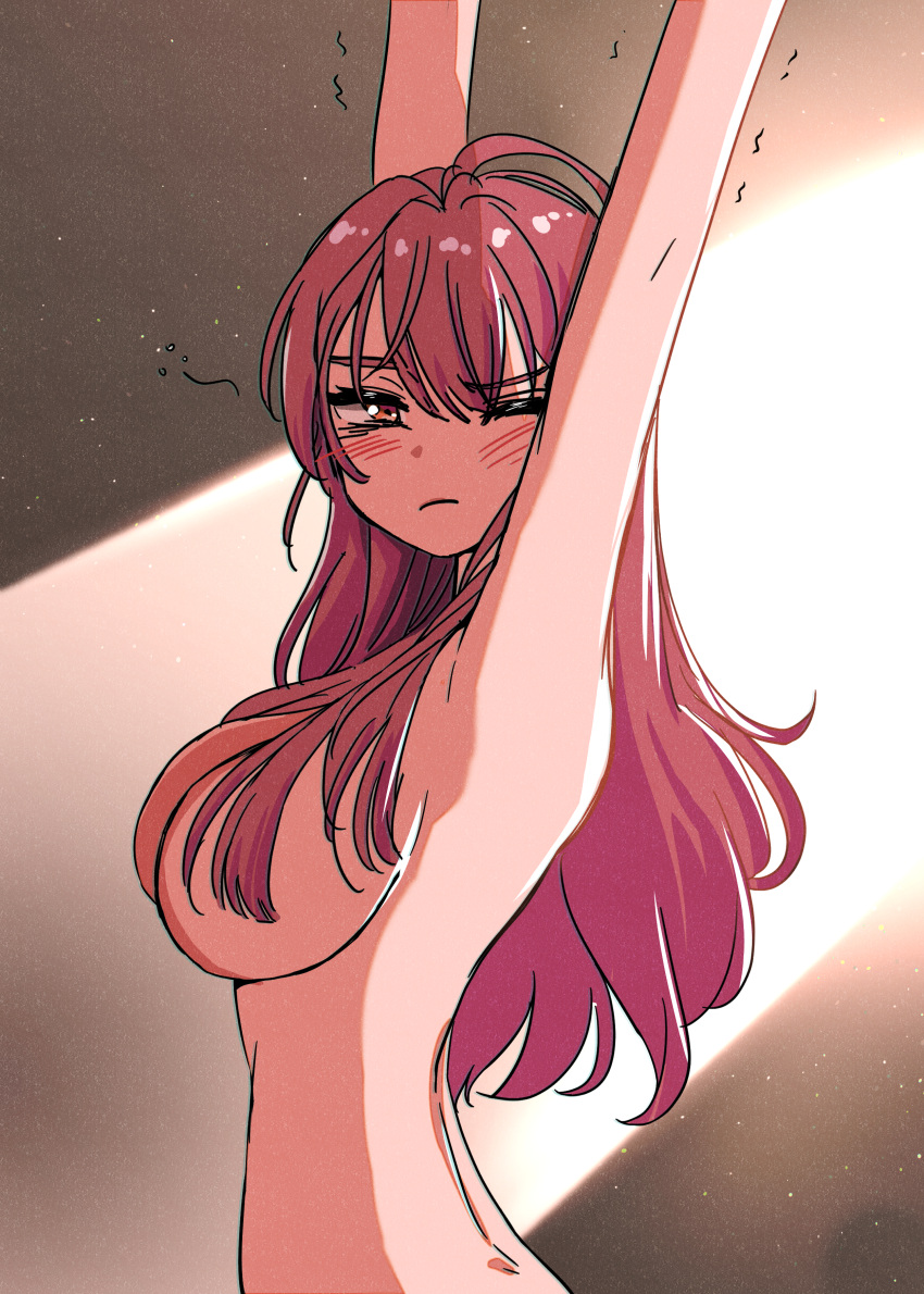 1girl absurdres arms_up bangs blush breasts commentary_request hair_between_eyes hair_censor highres hololive houshou_marine jangmaseason large_breasts light_frown long_hair looking_at_viewer nude one_eye_closed open_mouth red_hair sleeves_past_wrists solo stretching upper_body virtual_youtuber yellow_eyes