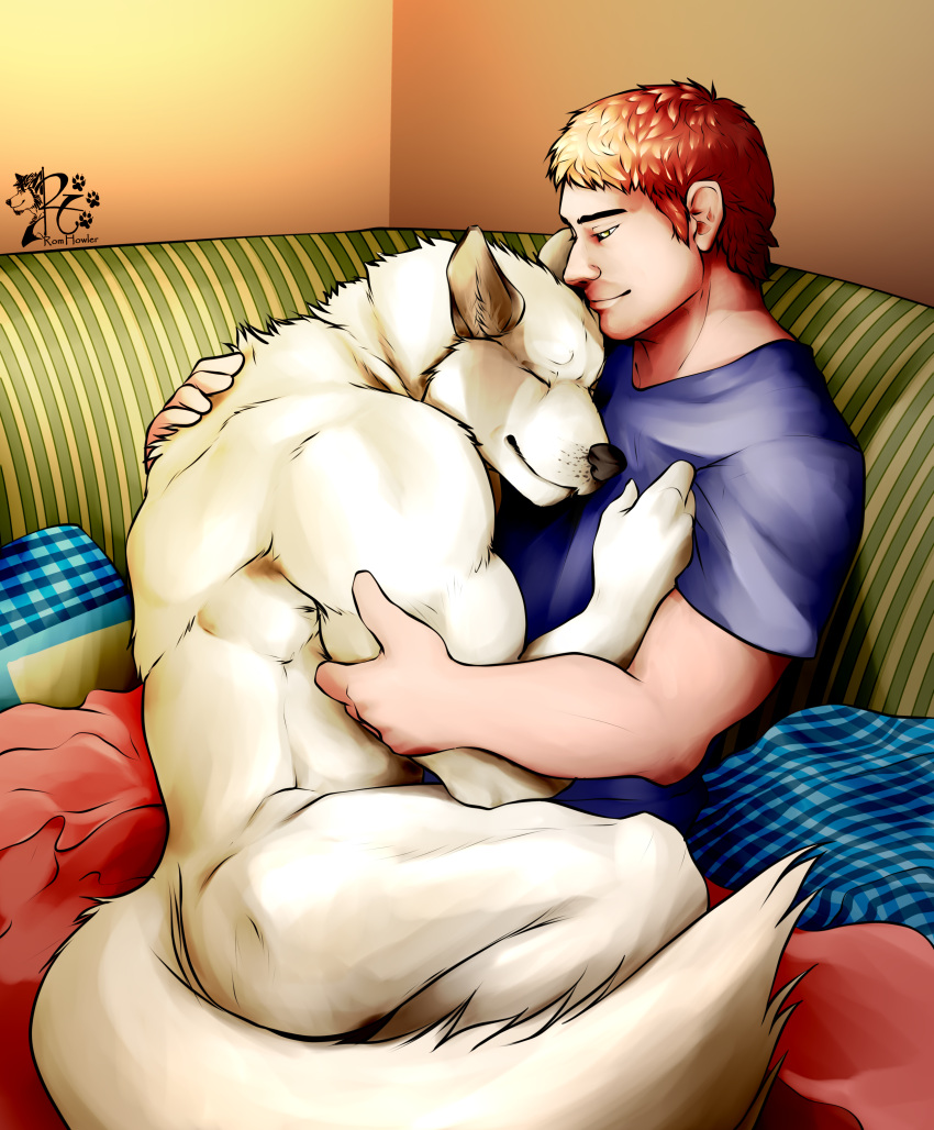 absurd_res anthro canid canine canis domestic_dog duo fur furniture hair hi_res human husky male mammal nordic_sled_dog red_hair rom_howler snout sofa spitz white_body white_fur