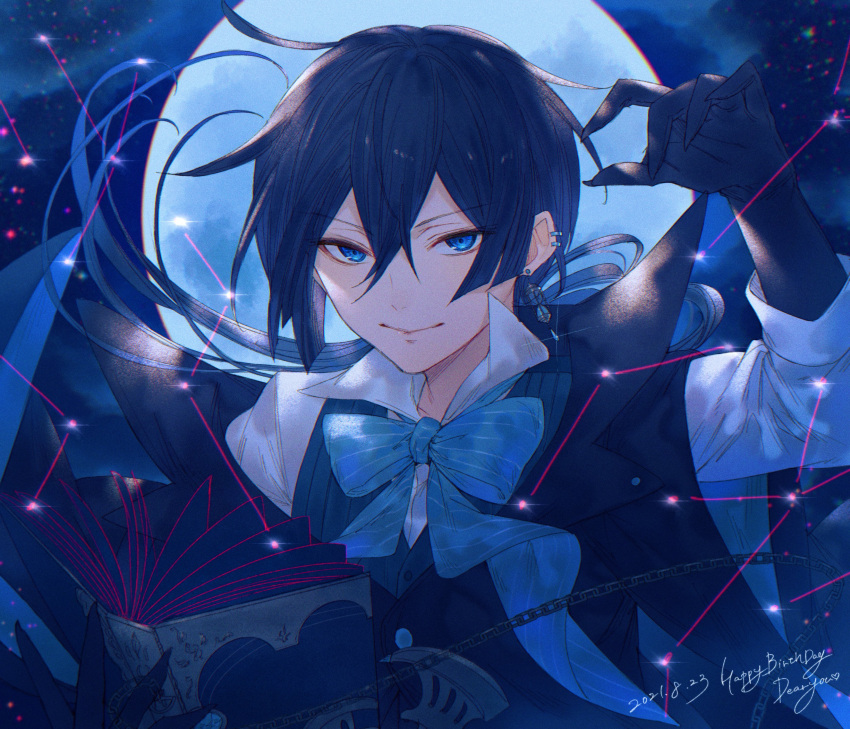1boy absurdres black_gloves black_hair black_jacket blue_background blue_bow blue_bowtie blue_eyes blue_hair blue_vest blunt_ends book bow bowtie chain constellation dark_blue_hair ear_piercing earrings full_moon gloves hair_between_eyes hand_up happy_birthday highres holding holding_book hourglass jacket jewelry long_hair looking_at_viewer male_focus moon off_shoulder open_book piercing popped_collar shirt single_earring smile solo striped striped_bow striped_bowtie upper_body vanitas_(vanitas_no_carte) vanitas_no_carte vest white_shirt yct_(yoct_o)