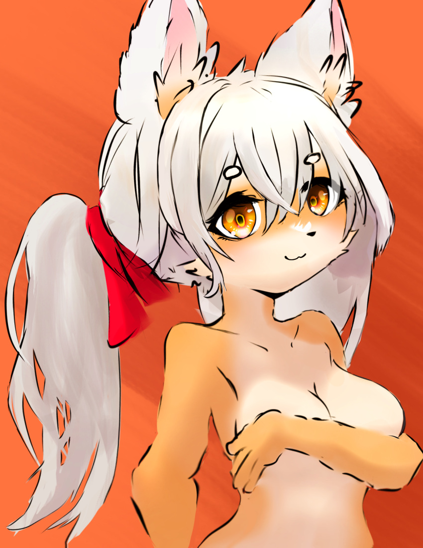 anthro big_breasts breasts canid canine female feral fox fur hair hi_res humanoid male male/male mammal orange_eyes ribbons ryogo simple_background solo tan_body white_body white_ears white_fur white_hair