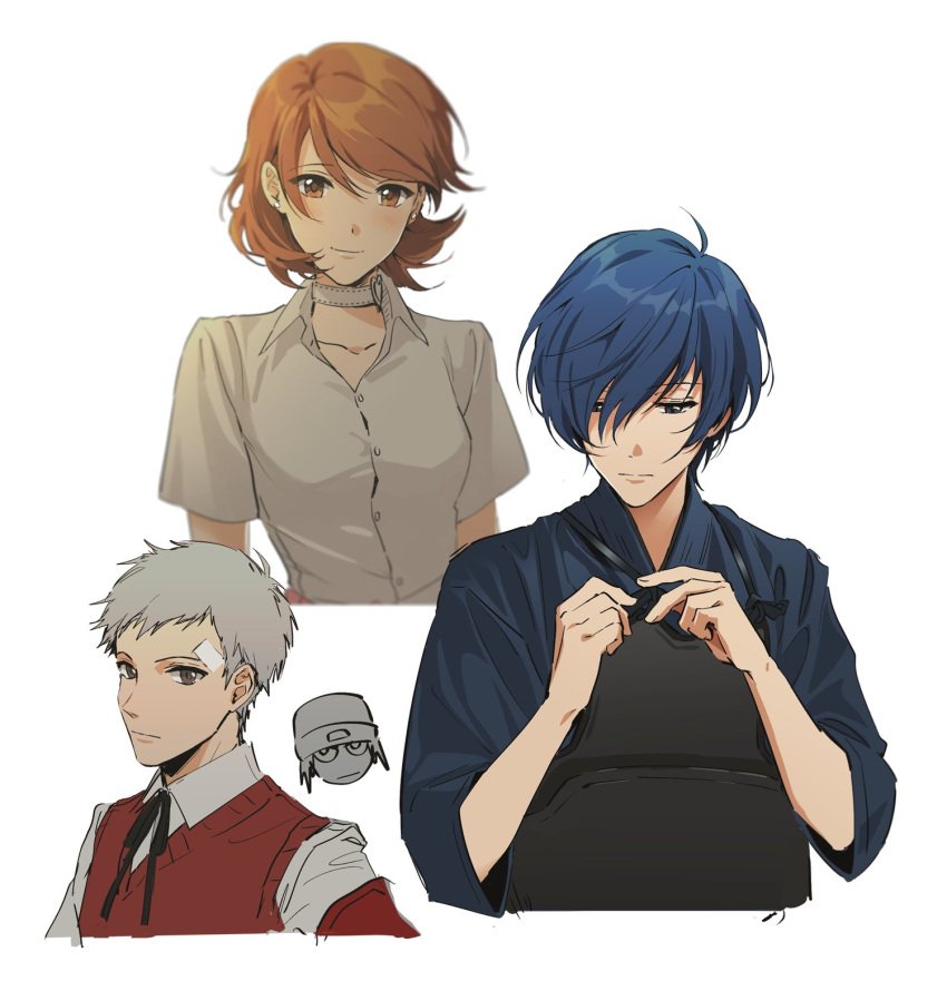 1girl 2boys aragaki_shinjirou black_eyes blue_hair brown_hair choker collared_shirt grey_hair highres looking_at_viewer multiple_boys persona persona_3 sanada_akihiko shirt short_hair simple_background sophie_(693432) takeba_yukari yuuki_makoto