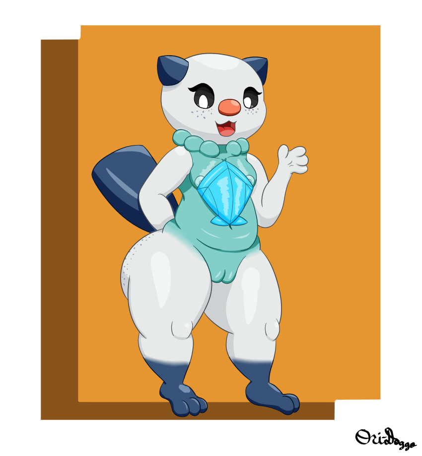 absurd_res anthro areola areola_slip breasts covered_breasts crystal_(ori-doggo) feet female freckles freckles_on_butt freckles_on_face generation_5_pokemon genitals gesture hand_behind_back hi_res nintendo nude ori-doggo oshawott pokemon pokemon_(species) pussy small_breasts smile smiling_at_viewer solo solo_focus thick_thighs waving waving_at_viewer