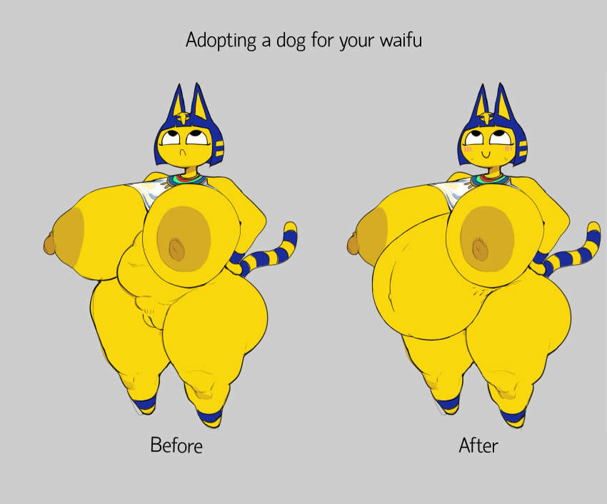 animal_crossing ankha_(animal_crossing) anthro big_breasts blush breasts chubby_anthro chubby_female digital_drawing_(artwork) digital_media_(artwork) domestic_cat english_text felid feline felis female fur genitals happy hi_res looking_up mammal navel nintendo nipples nude pregnant pregnant_anthro pregnant_female pussy smile solo standing text unknown_artist yellow_body yellow_fur