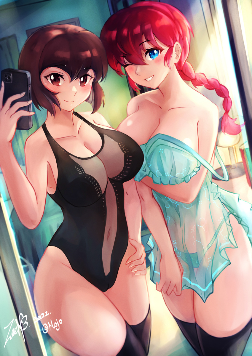 1girl 2girls absurdres arm_under_breasts artist_name babydoll bangs bare_shoulders bed bedroom black_one-piece_swimsuit black_thighhighs blue_babydoll blue_eyes blush bob_cut book braid breasts brown_eyes brown_hair cameltoe cellphone cleavage closed_mouth collarbone commentary commission covered_navel cowboy_shot curtains dated dutch_angle english_commentary genderswap genderswap_(mtf) grin hair_between_eyes hand_on_hip highleg highleg_swimsuit highres holding holding_phone indoors lamp large_breasts lingerie long_hair looking_at_viewer mirror mixed-language_commentary multiple_girls navel one-piece_swimsuit one_eye_closed parted_lips phone ranma-chan ranma_1/2 red_hair reflection see-through see-through_swimsuit selfie short_hair side-by-side signature single_braid skindentation smartphone smile strap_slip swimsuit taking_picture tendou_nabiki thighhighs twitter_username underwear zee_n3