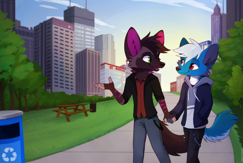 2023 4_fingers anthro aseethe blue_body blue_fur canid canine clothed clothing day detailed_background digital_media_(artwork) duo eyebrows eyelashes female fingers fox fur green_eyes hi_res male mammal outside red_eyes sky smile
