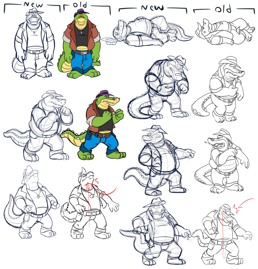 absurd_res alligator alligatorid anthro biped bottomwear brok_(character) brok_the_investigator clothing concept_art crocodilian glassesgator hat headgear headwear hi_res multiple_poses official_art pants pose reptile scalie shirt sketch slightly_chubby solo text topwear