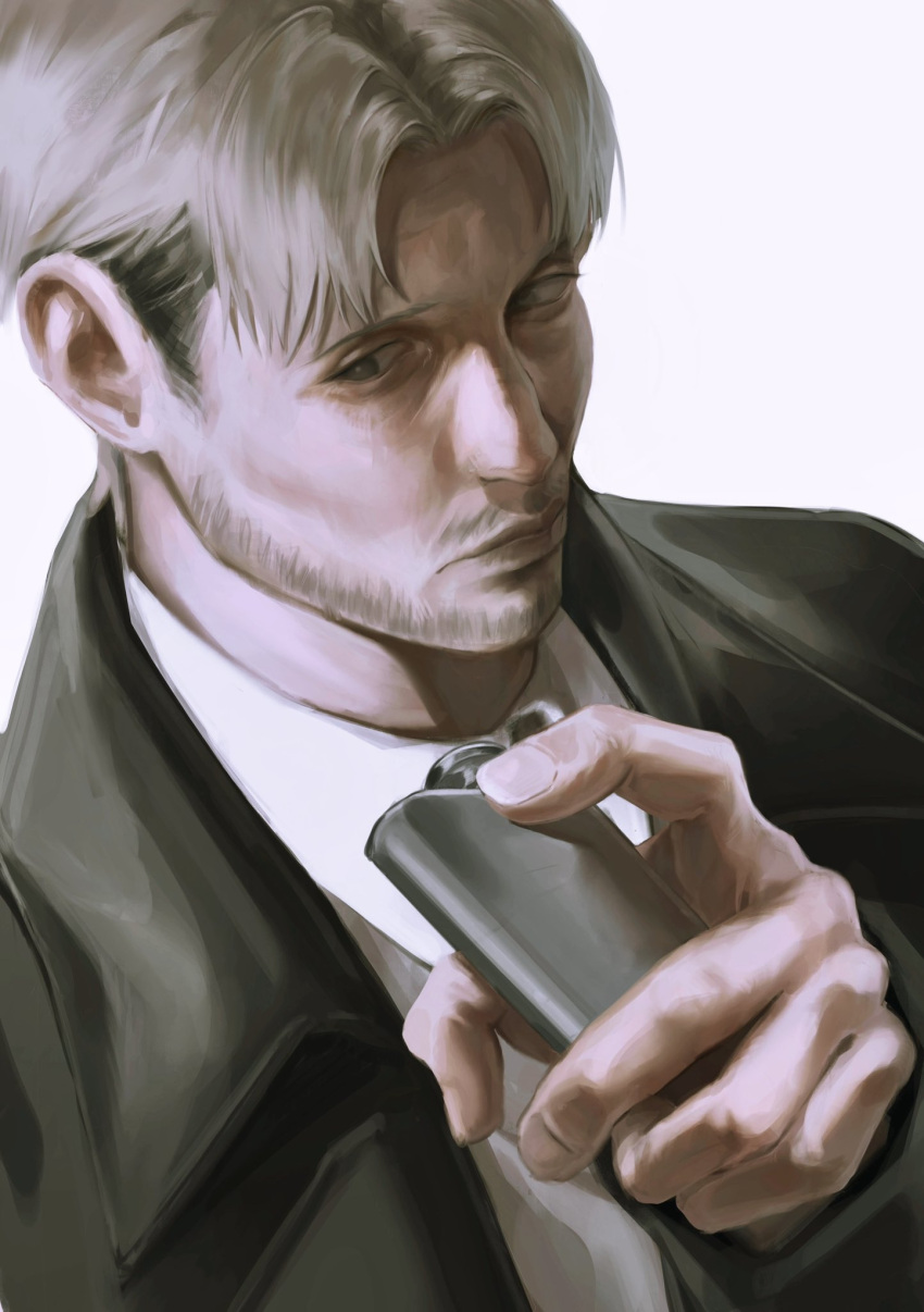 1boy beard black_jacket black_necktie chainsaw_man collared_shirt eulbhitomi facial_hair flask formal grey_hair highres holding holding_flask jacket kishibe_(chainsaw_man) looking_to_the_side necktie shirt short_hair simple_background solo stubble suit suit_jacket undercut white_background white_shirt