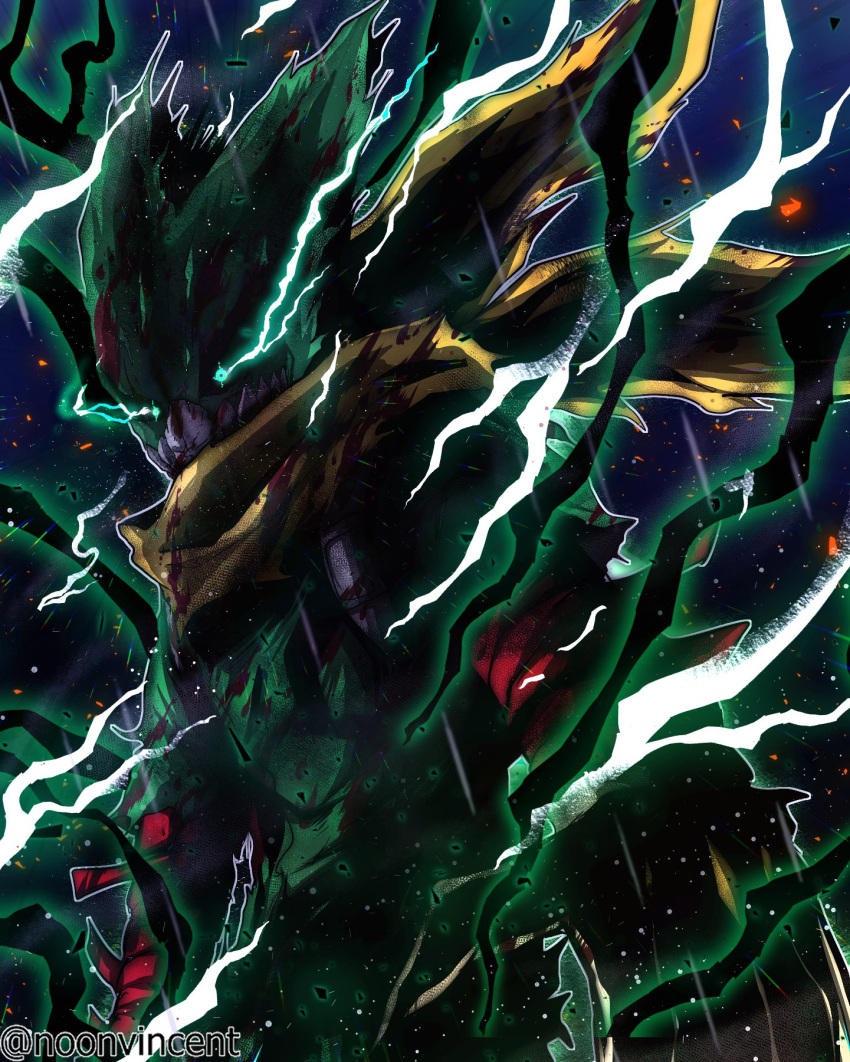 1boy arms_at_sides black_whip_(boku_no_hero_academia) blood blood_on_clothes bodysuit boku_no_hero_academia cape commentary covered_face dark dirty dirty_clothes electricity eye_trail eyes_in_shadow floating_cape glowing glowing_eyes gradient_outline green_bodysuit green_eyes green_mask halftone highres leaning_forward light_trail male_focus midoriya_izuku noonvincent rain solo spoilers standing torn_clothes torn_mask torn_sleeves twitter_username upper_body yellow_cape