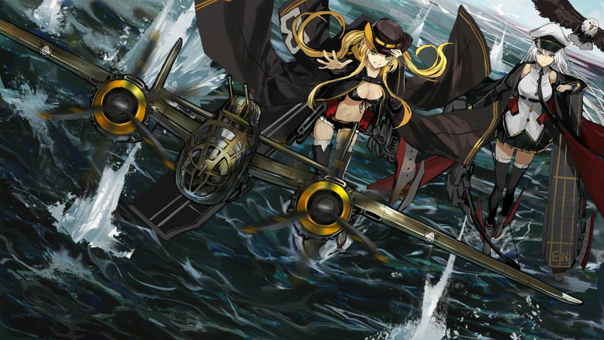 2girls aircraft airplane artist_request azur_lane b-25_mitchell bald_eagle bikini bikini_top_only bird blonde_hair cowboy_hat eagle enterprise_(azur_lane) game_cg green_eyes grim_(azur_lane) grin hat hornet_(azur_lane) jacket long_hair multiple_girls off_shoulder official_art purple_eyes shorts smile swimsuit thighhighs twintails white_hair