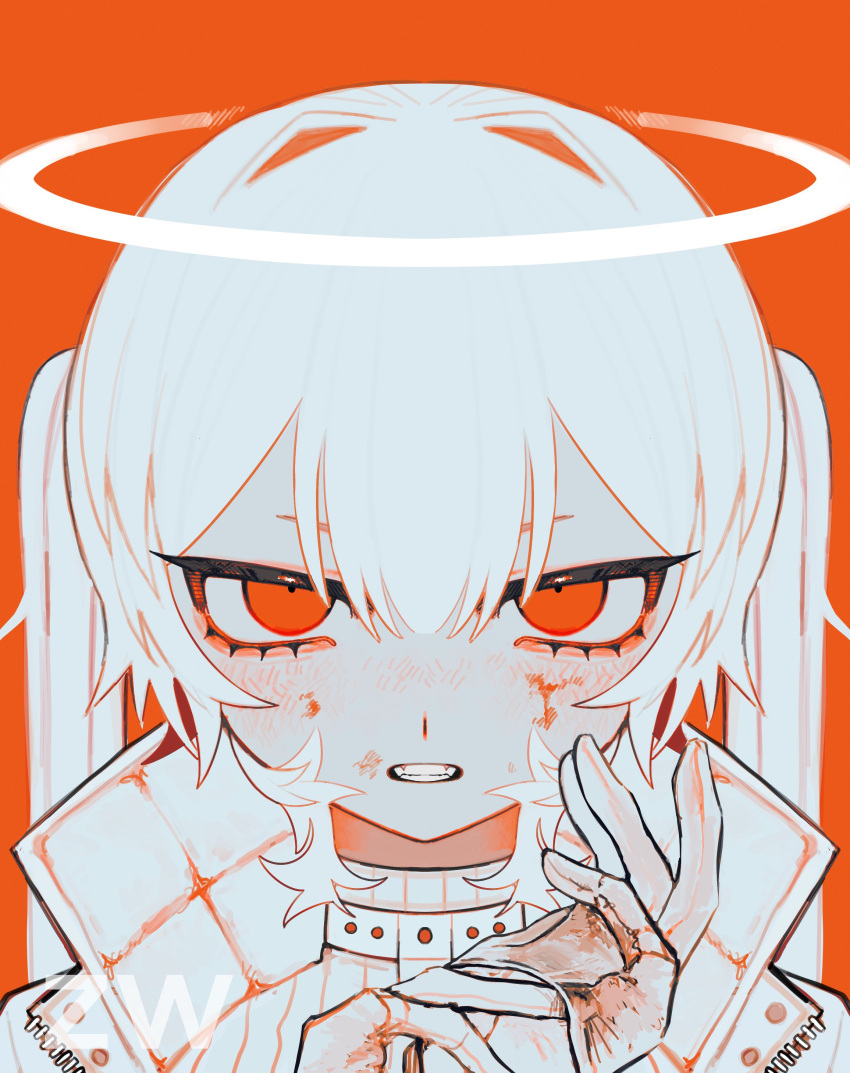 1girl absurdres angel artist_name bangs blood blood_on_face blush choker clenched_teeth commentary grimace hair_between_eyes hair_intakes halo hands_up high_collar highres jacket jitome long_hair monochrome open_clothes open_jacket orange_background orange_blood orange_eyes orange_theme original portrait removing_glove sidelocks solo straight-on striped striped_sweater sweater teeth tsurime turtleneck twintails zawa_(gumibusoku) zipper