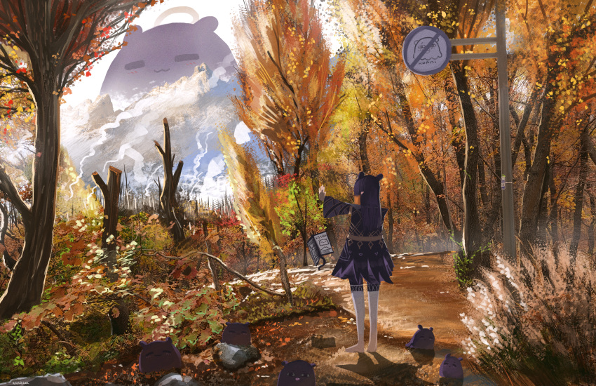 1girl absurdres advarcher autumn autumn_leaves bare_tree barefoot book floating floating_book floating_object from_behind highres hololive hololive_english looking_at_viewer mountain ninomae_ina'nis no_symbol palm_tree pointy_ears purple_hair scenery shadow smoke solo takodachi_(ninomae_ina'nis) tentacle_hair translation_request tree virtual_youtuber wide_sleeves