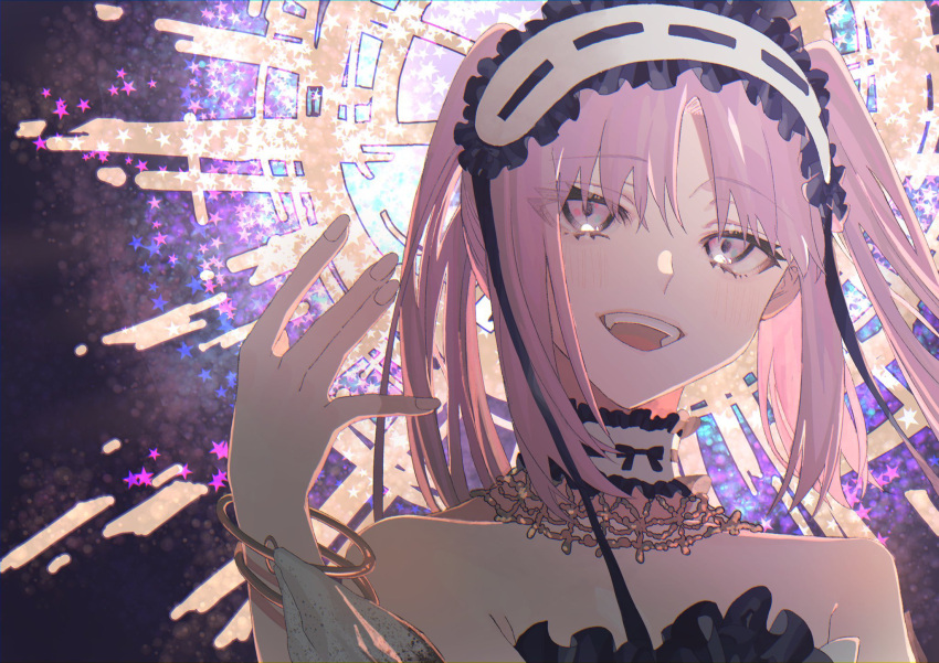 1girl bangs bracelet choker dark_background e1voipius52iwof fate/grand_order fate_(series) frilled_choker frilled_headwear frills hair_over_eyes halo hand_up headdress highres jewelry long_hair open_mouth purple_eyes purple_hair solo stheno_(fate) teeth twintails upper_teeth_only