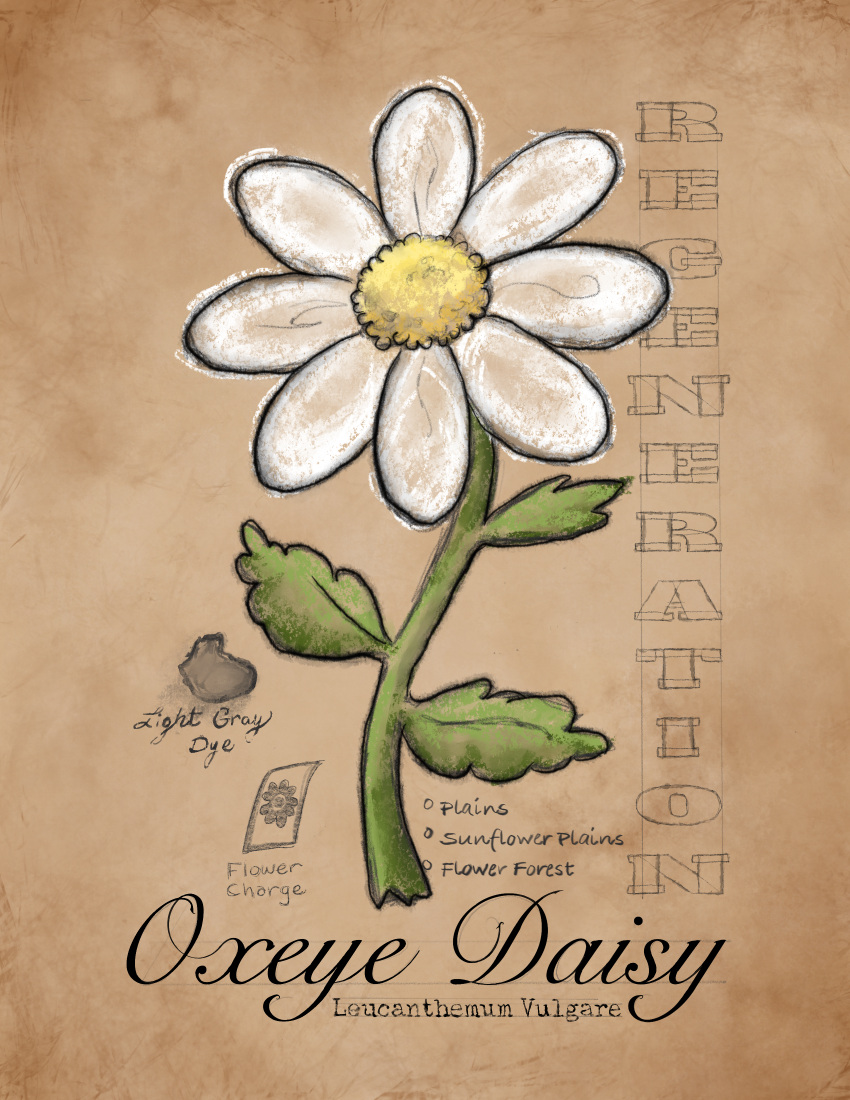 absurdres brown_background commentary daisy english_commentary flower flower_focus highres kaleyobsidia leaf minecraft no_humans original oxeye_daisy place_name plant real_life scientific_name sketch white_flower yellow_flower