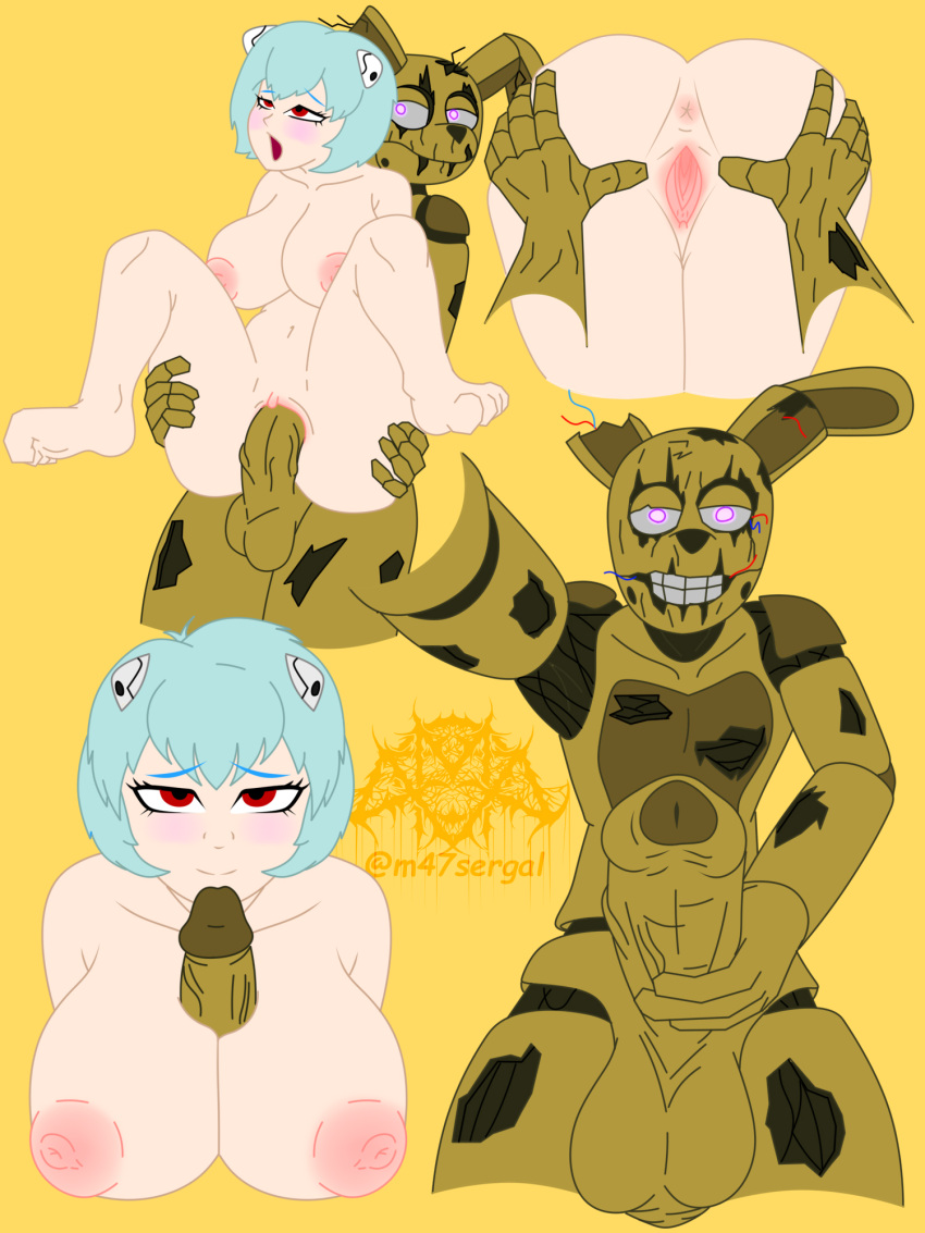 anthro big_breasts big_penis breast_play breasts female first_person_view five_nights_at_freddy's five_nights_at_freddy's_2 five_nights_at_freddy's_3 genitals hi_res humanoid m-47 male neon_genesis_evangelion penis rei_ayanami scottgames sex solo spread_legs spreading springtrap_(fnaf) titfuck