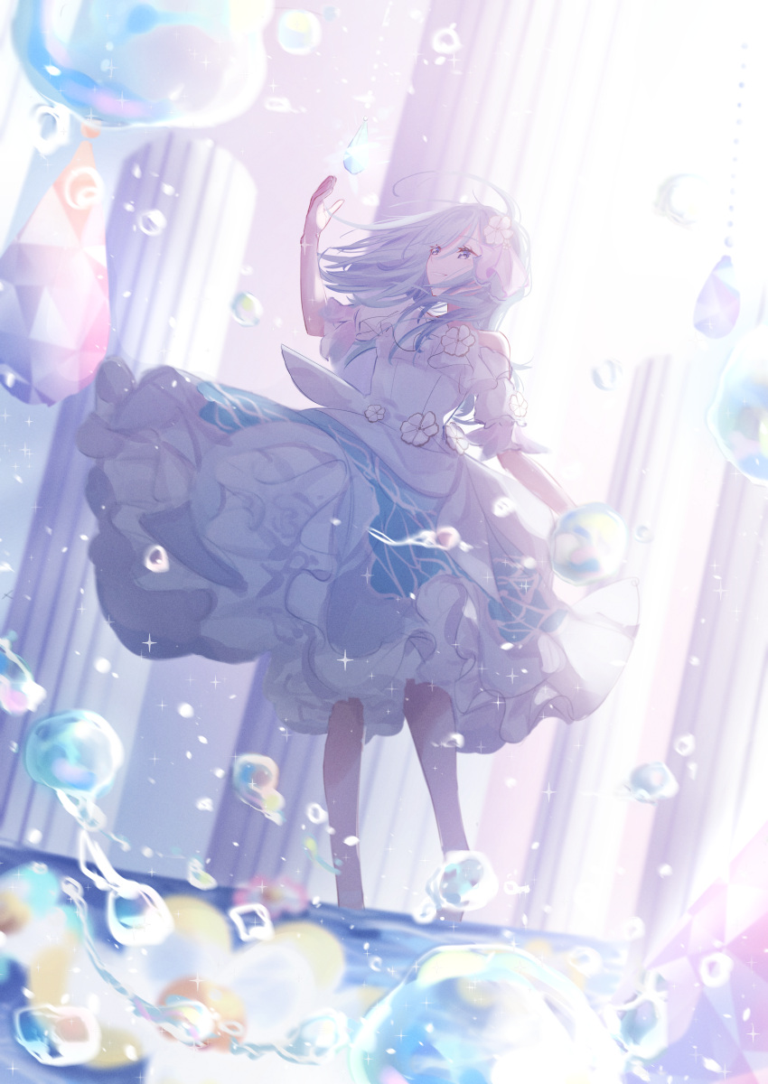 1girl absurdres bangs blue_eyes blue_hair commentary_request dress flower frills hair_flower hair_ornament highres hinomori_shizuku long_hair pillar project_sekai short_sleeves solo teeth water water_drop white_dress yuzuha_wasa