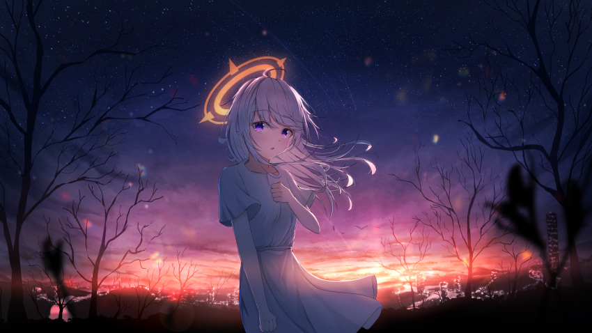 1girl :o absurdres bare_arms blush breasts city cowboy_shot dfd dress halo hand_on_own_chest highres light_blush long_hair looking_at_viewer night night_sky original purple_eyes scenery short_sleeves sky small_breasts solo star_(sky) starry_sky tree upper_body white_hair