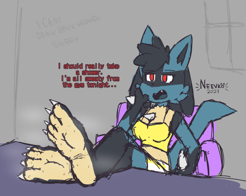 anthro barefoot blue_body blue_fur bodily_fluids breasts canid canine claws clothed clothing digital_media_(artwork) english_text feet female foot_fetish foot_focus fur generation_4_pokemon hair hi_res lucario mammal musk nintendo notsafeforvee pokemon pokemon_(species) red_eyes simple_background soles solo sweat sweaty_feet text toe_claws toes topwear