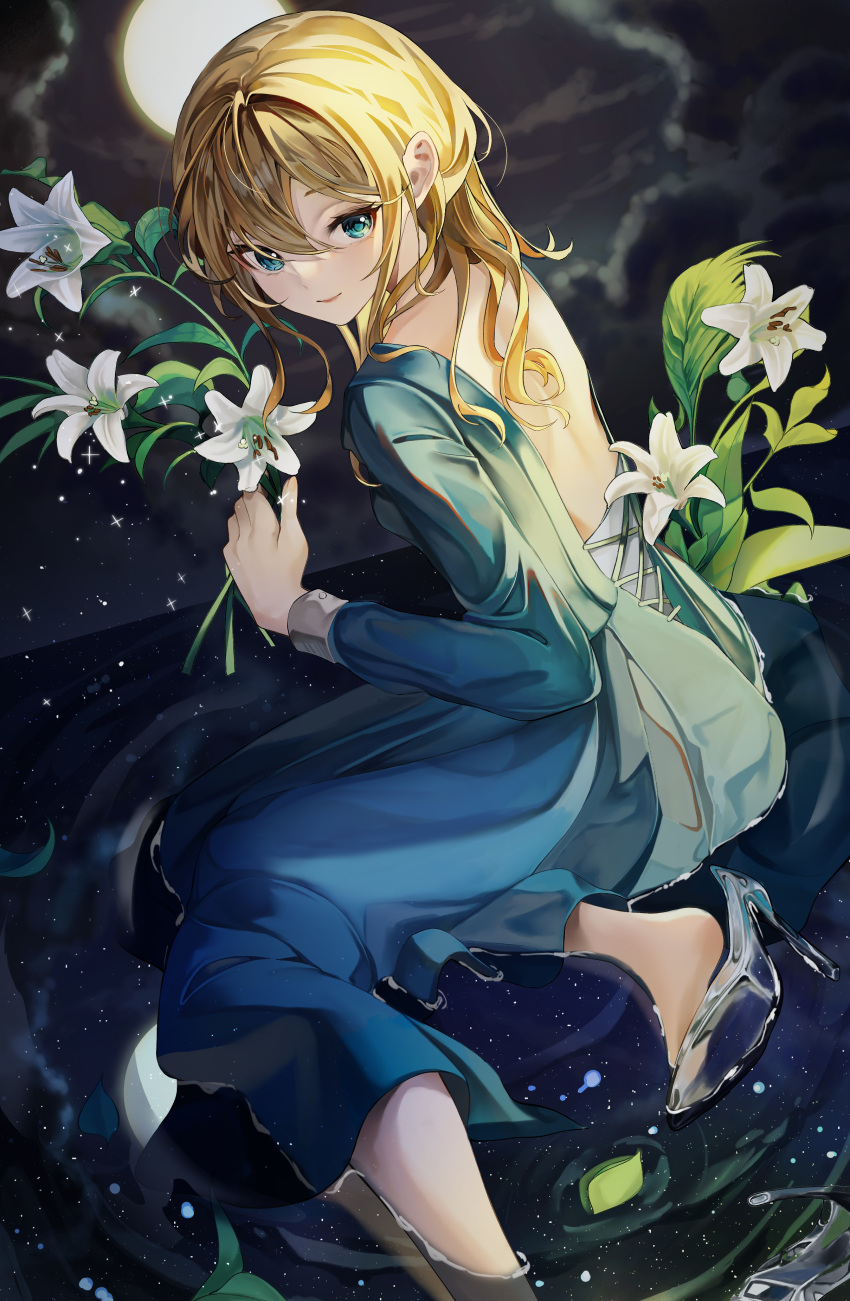 1girl absurdres afloat_leaves backless_dress backless_outfit bangs bare_back blonde_hair blue_dress blue_eyes closed_mouth cloud cloudy_sky dress eyelashes flower foot_out_of_frame full_body full_moon high_heels highres holding holding_flower leaf leaf_on_liquid light_smile long_dress long_hair long_sleeves looking_at_viewer moon night night_sky original outdoors partially_submerged pumps reflection reflective_water rosu_1109 sidelocks sitting sky solo water wet wet_clothes wet_dress white_flower yokozuwari