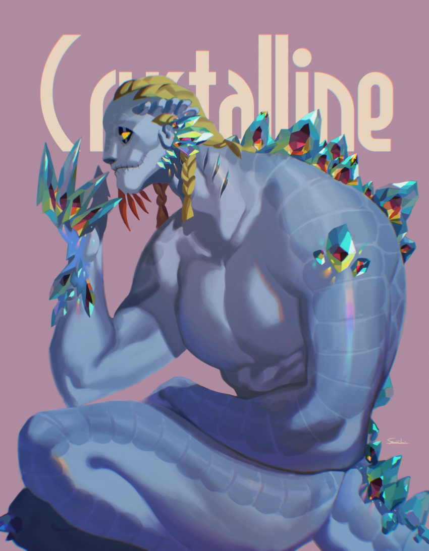 1boy blonde_hair blue_scales blue_skin braid claws closed_mouth colored_sclera colored_skin commentary completely_nude english_commentary feet_out_of_frame glasgow_smile hand_up highres identity_v lizard_tail looking_at_viewer luchino_(identity_v) male_focus nude official_alternate_costume purple_background reptile_boy saichiidv scales short_hair simple_background slit_pupils solo squatting symbol-only_commentary tail yellow_sclera