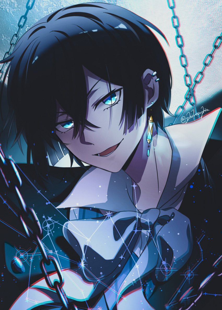 1boy :d black_hair black_jacket blue_bow blue_bowtie blue_eyes blue_vest blunt_ends bow bowtie chain chromatic_aberration constellation ear_piercing earrings full_moon hair_between_eyes highres hourglass jacket jewelry long_hair looking_at_viewer lower_teeth_only male_focus moon philosophia piercing popped_collar shirt smile solo teeth upper_body vanitas_(vanitas_no_carte) vanitas_no_carte vest white_shirt