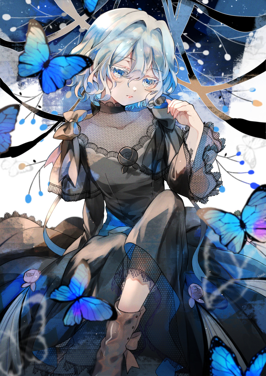1girl absurdres black_dress blue_butterfly blue_eyes blurry boots bow brown_footwear bug butterfly chloe_d'apchier colored_eyelashes depth_of_field dress dress_bow dress_flower fingernails foot_out_of_frame hair_between_eyes hana_(h6n6_matsu) hand_up highres knee_up layered_sleeves long_sleeves looking_down parted_lips ribbon sharp_fingernails short_hair short_over_long_sleeves short_sleeves sitting solo vanitas_no_carte white_background white_hair