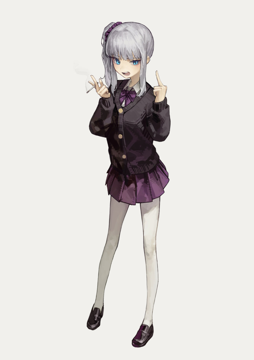 1girl absurdres between_fingers black_cardigan blue_eyes bow bowtie cardigan cigarette full_body grey_hair highres holding holding_cigarette loafers long_hair long_sleeves looking_at_viewer middle_finger miniskirt open_mouth original pantyhose pleated_skirt purple_bow purple_bowtie purple_skirt shoes side_ponytail sidelocks skirt smoke solo standing v-shaped_eyebrows white_pantyhose yoon_cook