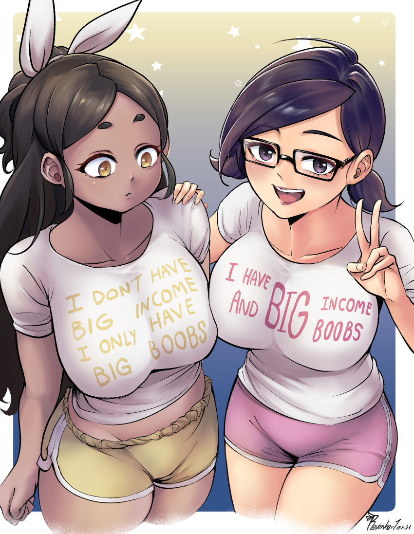 2girls absurdres black_hair borrowed_character breasts broke-chan_(bakuatsukiyu) brown_eyes commentary dark-skinned_female dark_skin dolphin_shorts endo_(ravenhart) english_commentary english_text glasses groin hand_on_another's_shoulder highres large_breasts medium_hair multiple_girls olverse open_mouth original ponytail purple_eyes ravenhart shirt short_shorts shorts signature smile starry_background t-shirt v