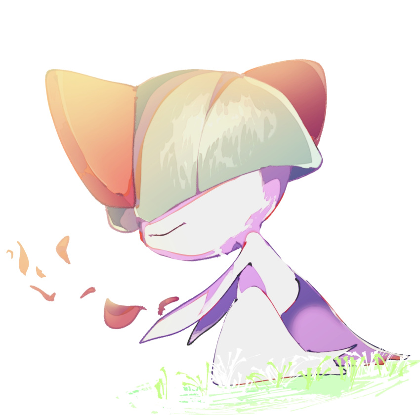1other bangs blunt_bangs bowl_cut child closed_mouth colored_skin commentary_request covered_eyes falling_petals from_side full_body grass green_hair hair_over_eyes highres other_focus partial_commentary petals pokemon pokemon_(creature) ralts shiraha_(siraha_79) short_hair simple_background solo standing white_background white_skin