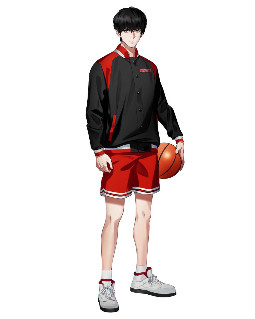 1boy arm_at_side ball bangs basketball black_hair black_jacket closed_mouth full_body grey_background highres himmel_(allsky83) holding holding_ball jacket looking_at_viewer male_focus multicolored_clothes multicolored_jacket multicolored_shorts red_jacket red_shorts rukawa_kaede shoes short_hair shorts simple_background slam_dunk_(series) solo standing