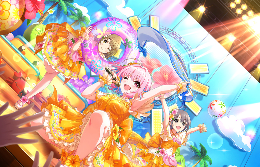 3girls ahoge arm_up arms_up ball beachball blue_hair breasts dress fangs floating_hair floral_print flower hair_intakes hibiscus holding holding_innertube holding_microphone idolmaster idolmaster_cinderella_girls idolmaster_cinderella_girls_starlight_stage innertube light_brown_hair looking_at_viewer looking_up microphone mimura_kanako multiple_girls official_alternate_costume one_eye_closed open_mouth orange_dress orange_flower otokura_yuuki palm_tree pink_eyes pink_flower pink_hair pink_innertube smile sparkle stage stage_lights standing standing_on_one_leg tree v-shaped_eyebrows yumemi_riamu