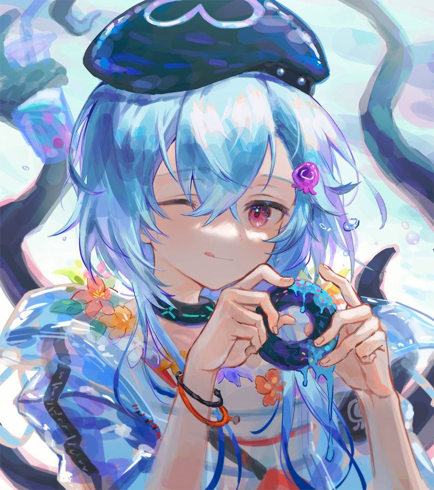 1boy ;q arknights black_headwear blue_hair bracelet closed_mouth collar doughnut food hat highres holding holding_food infection_monitor_(arknights) jewelry long_hair looking_at_viewer mizuki_(arknights) mizuki_(summer_feast)_(arknights) one_eye_closed red_eyes shirt smile solo spacelongcat striped striped_shirt tentacles tongue tongue_out upper_body white_shirt