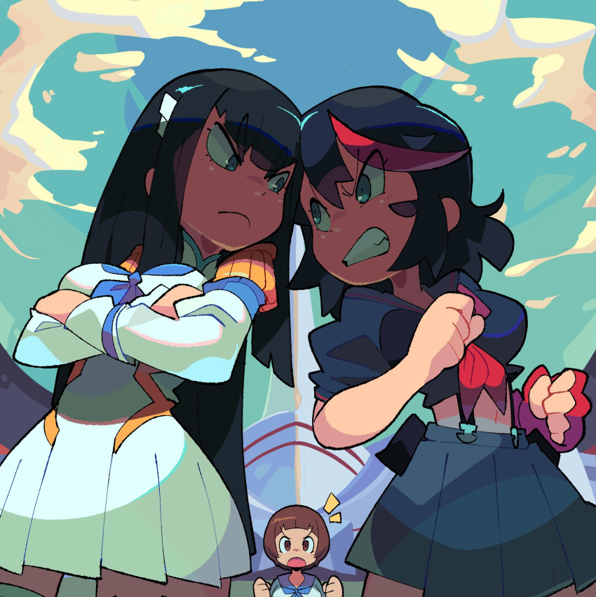 3girls bacun bangs black_hair black_shirt black_skirt breasts brown_hair cloud crop_top dress fingerless_gloves gloves green_eyes green_sky highres junketsu kill_la_kill kiryuuin_satsuki large_breasts long_hair long_sleeves looking_at_another mankanshoku_mako matoi_ryuuko miniskirt multicolored_hair multiple_girls navel outdoors pleated_skirt red_gloves red_hair senketsu shirt short_hair single_glove skirt streaked_hair thick_eyebrows two-tone_hair white_dress