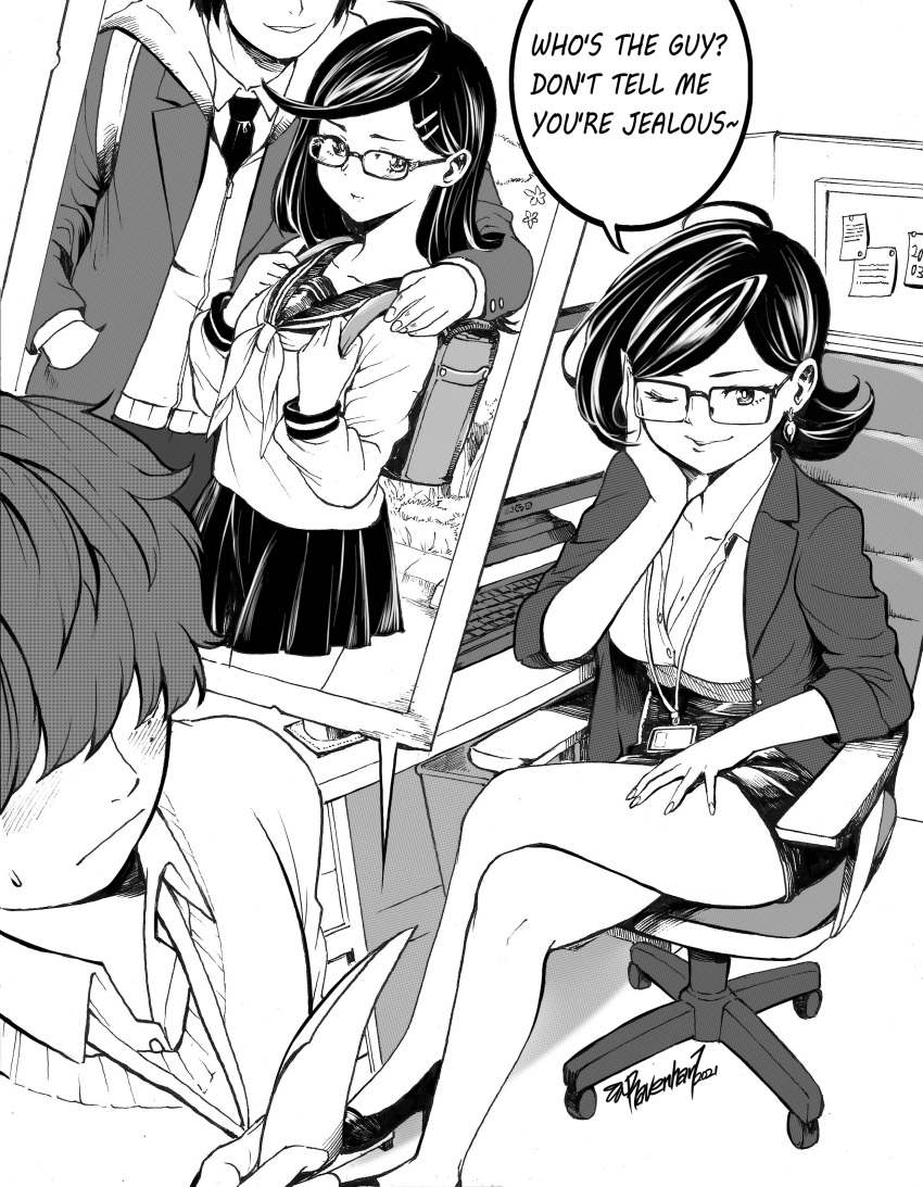 1girl 2boys absurdres age_comparison borrowed_character breasts bulletin_board chair cleavage commentary crossed_legs endo_(ravenhart) english_commentary english_text glasses greyscale hair_over_eyes head_rest high_heels highres jacket keyboard_(computer) lanyard large_breasts medium_breasts miniskirt mole mole_on_breast monitor monochrome multiple_boys necktie new_guy_(kakikaki) office_chair office_lady olverse one_eye_closed original partially_unbuttoned pencil_skirt pleated_skirt ravenhart school_uniform serafuku signature sitting skirt smile sweatdrop sweater