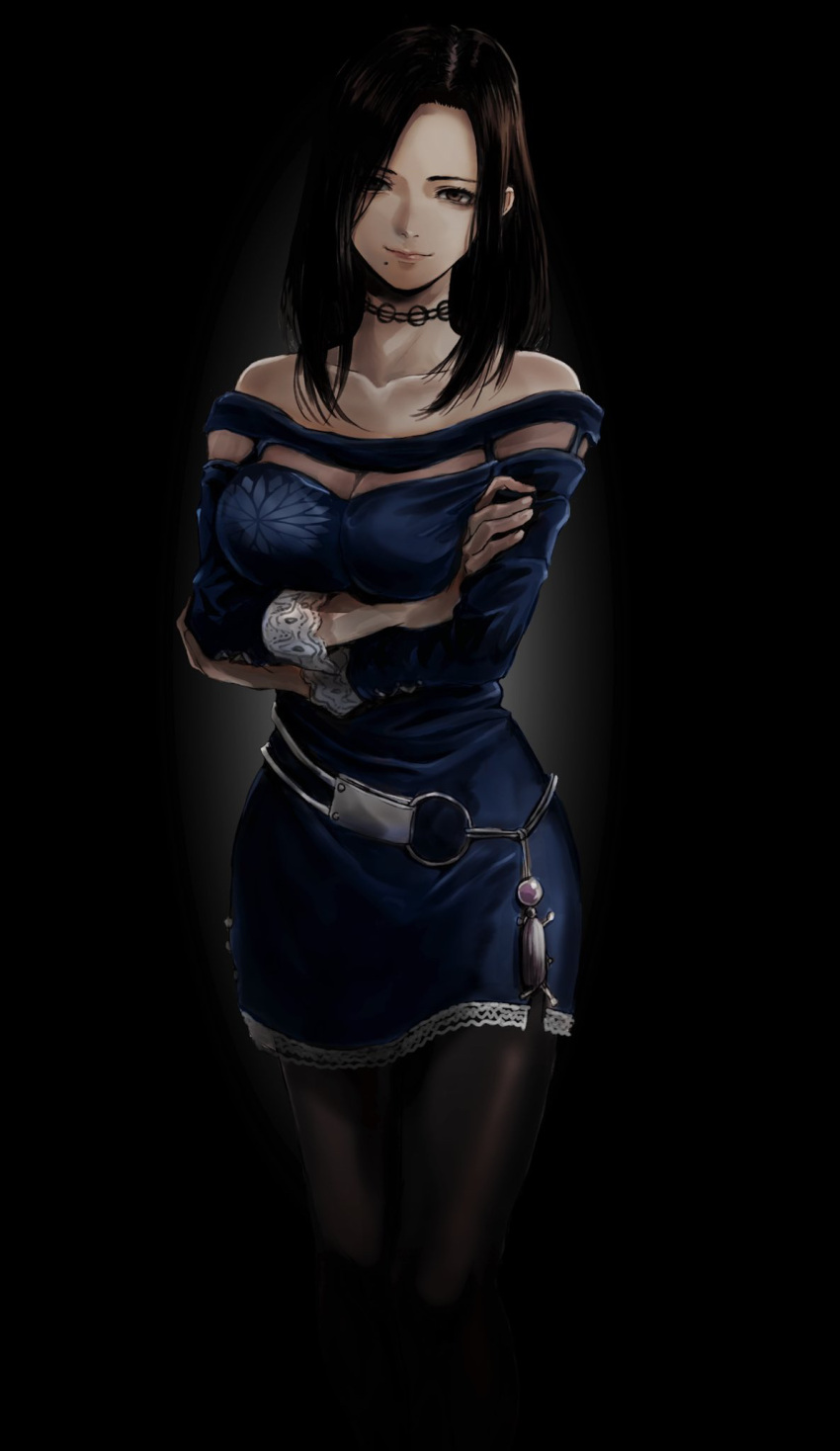 1girl black_background black_choker black_hair black_pantyhose blue_dress breasts brown_eyes choker cleavage closed_mouth crossed_arms dress facing_viewer fatal_frame fatal_frame_5 forehead gauss_&lt;bokashi highres kurosawa_hisoka medium_breasts medium_hair mole mole_under_mouth pantyhose short_dress simple_background smile solo