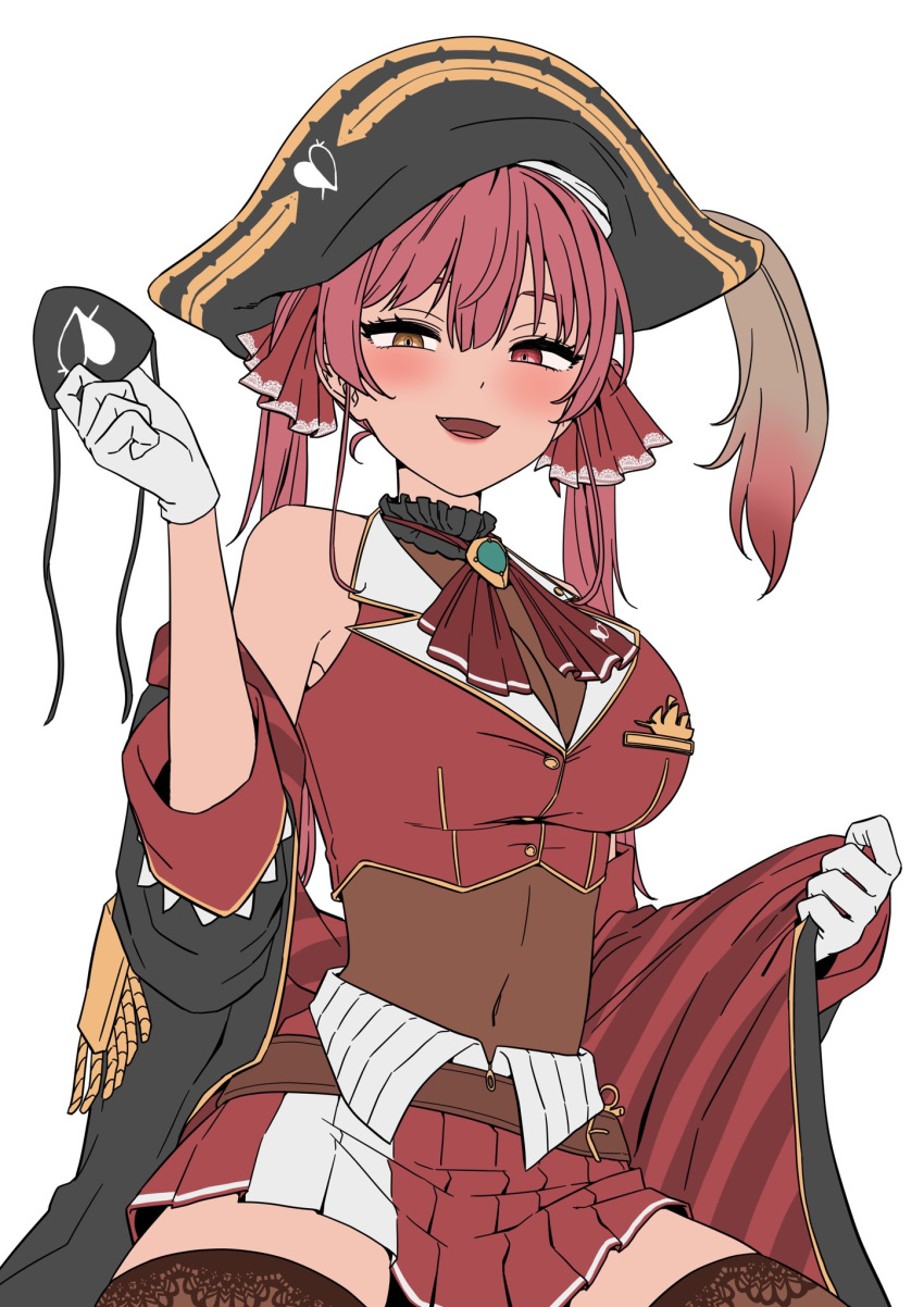 1girl arrow_through_heart ascot belt black_thighhighs blush breasts brown_belt cleavage covered_navel epaulettes eyepatch eyepatch_removed gloves hair_between_eyes hat heterochromia highres holding_eyepatch hololive houshou_marine jangmaseason lace-trimmed_legwear lace_trim large_breasts leotard leotard_under_clothes long_hair looking_at_viewer open_mouth pirate_hat red_ascot red_eyes red_hair red_skirt ribbon skirt smile solo thighhighs thighs tricorne twintails unfinished virtual_youtuber white_background white_gloves zettai_ryouiki