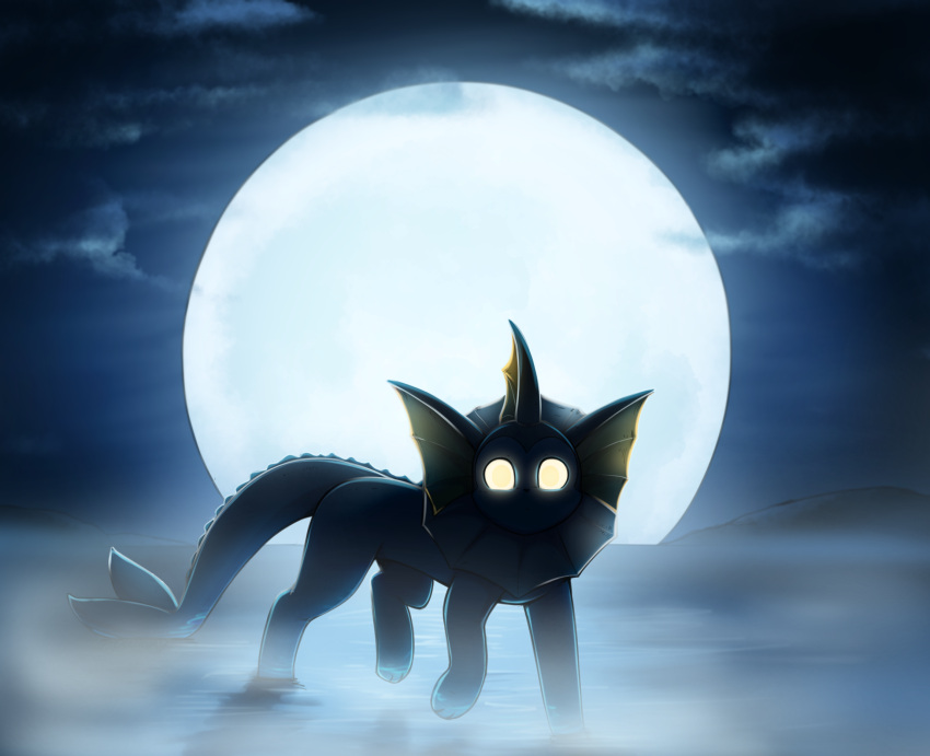 ambiguous_gender backlighting cloud digitigrade ear_frill eeveelution feral fin fog frill_(anatomy) full_moon generation_1_pokemon glowing glowing_eyes head_crest head_frill hi_res light lighting looking_at_viewer membrane_(anatomy) membranous_frill moon moonlight neck_frill night nintendo otakuap partially_submerged pokemon pokemon_(species) quadruped shaded sky solo tail tail_fin vaporeon walking water