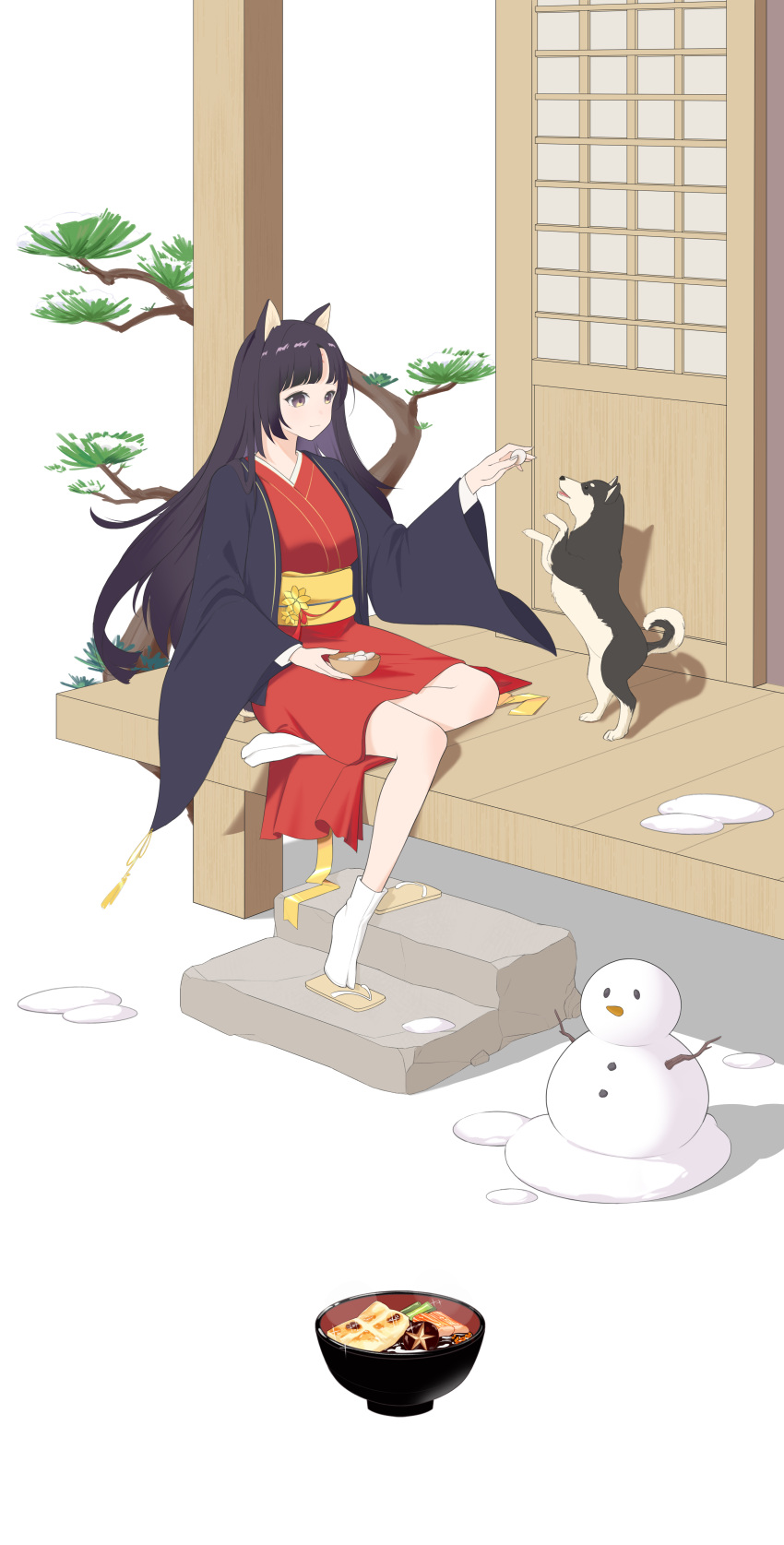 1girl absurdres alternate_costume animal arknights bangs black_hair bonsai bowl brown_eyes closed_mouth dog facial_mark feeding food_request forehead_mark geta highres house japanese_clothes kimono long_hair long_sleeves obi open_clothes parted_bangs red_kimono saga_(arknights) sash shoes shoes_removed simple_background slu_w smile snow snowman socks solo tabi very_long_hair white_background white_socks wide_sleeves
