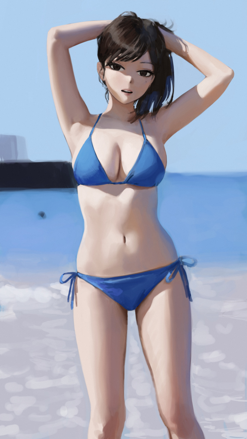 1girl absurdres armpits arms_up beach bikini blue_bikini blue_sky breasts commentary gompang_11 hand_in_own_hair highres looking_at_viewer medium_breasts medium_hair mole mole_under_eye navel open_mouth original outdoors side-tie_bikini_bottom sky solo standing stomach swimsuit water