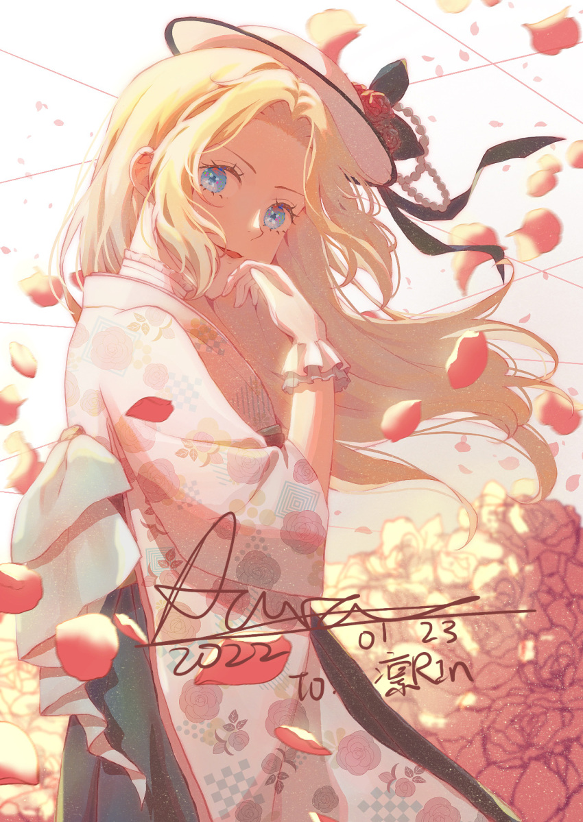 1girl :d black_skirt blonde_hair blue_eyes commission dated floral_print flower forehead frilled_gloves frills from_side gloves gradient_background hat hat_flower highres long_hair long_sleeves looking_at_viewer looking_to_the_side open_mouth original petals red_flower red_rose rose saikou-iro_aurora signature skirt smile solo white_background white_gloves white_headwear wide_sleeves