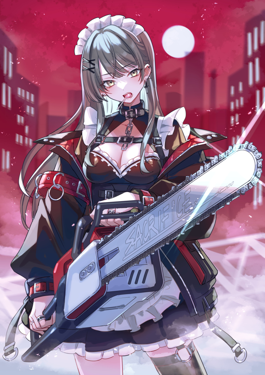 1girl black_dress black_jacket black_thighhighs breasts brown_hair building candy chainsaw cleavage dress earclip food hair_ornament highres holding holding_chainsaw holding_weapon jacket large_breasts lollipop maid mouth_hold night off_shoulder open_clothes open_jacket original outdoors red_sky single_thighhigh sky skyscraper solo suzaku_(zaku6584) thighhighs weapon x_hair_ornament yellow_eyes