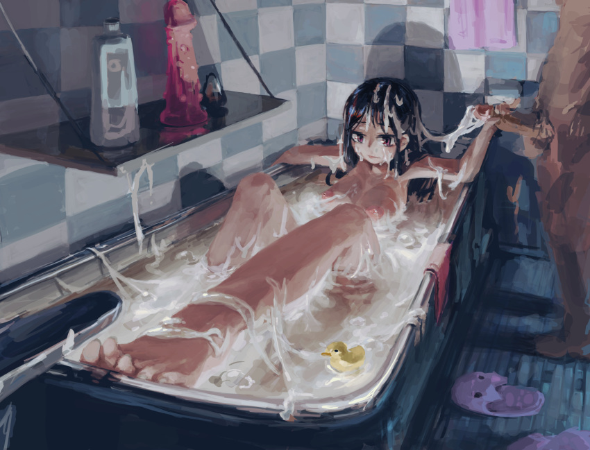 1boy 1girl bath bathroom black_hair cum cum_bath cumdrip facial highres non-web_source