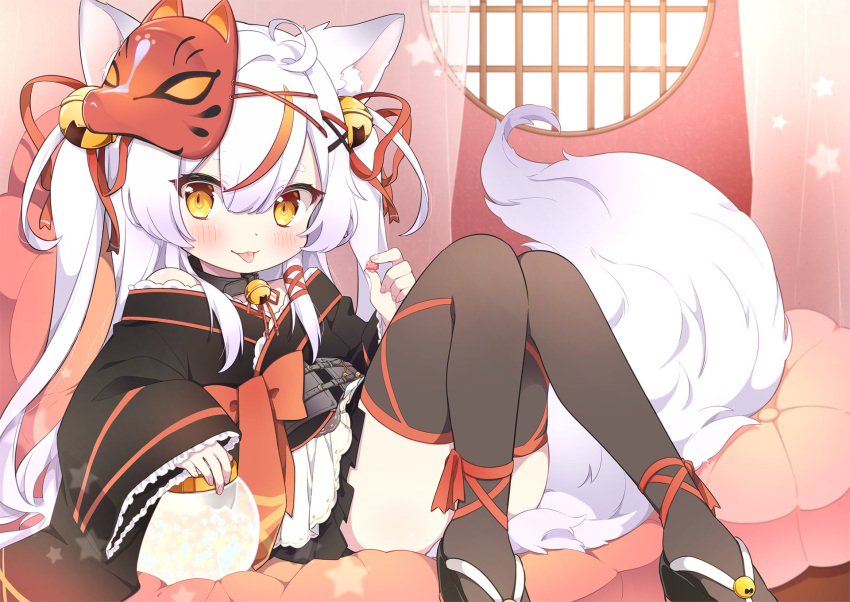 1919_decoy 1girl :p animal_ears bell black_kimono black_thighhighs collar fox_ears fox_girl fox_mask fox_tail frilled_sleeves frills hair_bell hair_ornament highres indie_virtual_youtuber japanese_clothes jingle_bell kamiko_kana kimono kimono_skirt long_hair long_sleeves looking_at_viewer mask mask_on_head multicolored_hair neck_bell orange_hair pillow pleated_skirt second-party_source sitting skirt streaked_hair tail thighhighs tongue tongue_out two-tone_hair two_side_up virtual_youtuber white_hair wide_sleeves yellow_eyes