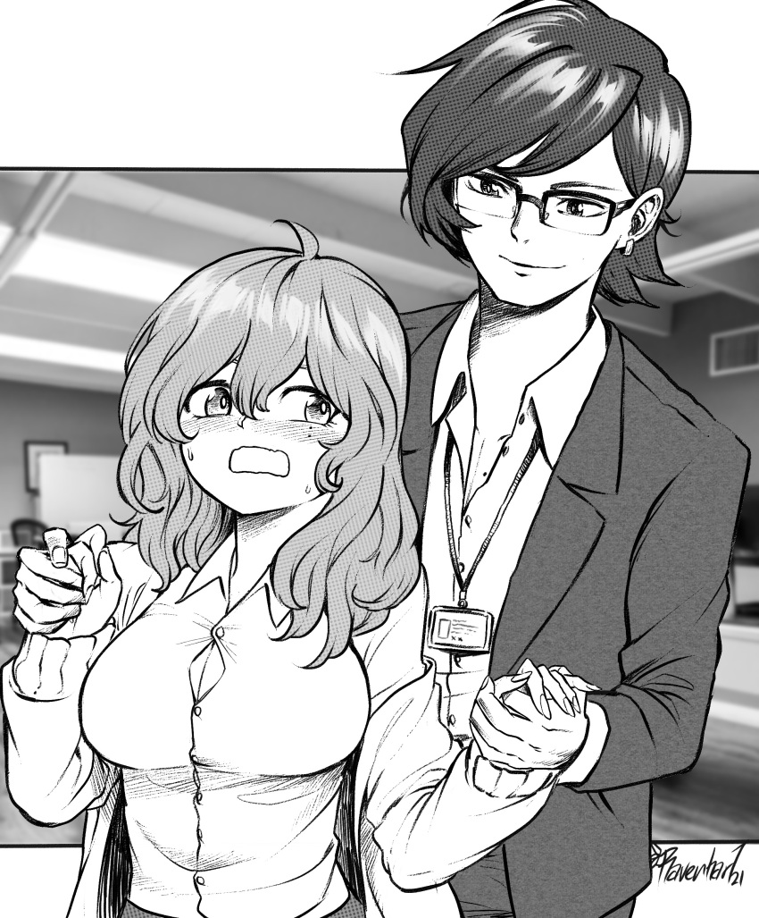 1boy 1girl absurdres bishounen blush borrowed_character breasts bursting_breasts cleavage commentary earrings english_commentary eyebrows_hidden_by_hair greyscale hair_between_eyes hand_grab hetero highres id_card jewelry lanyard large_breasts monochrome off_shoulder office_lady olverse original over-rim_eyewear partially_unbuttoned photo_background ravenhart semi-rimless_eyewear signature suit_jacket sweat wavy_hair