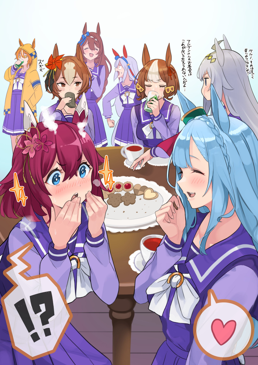 !? 6+girls absurdres ahoge animal_ears berno_light_(umamusume) black_tea blue_hair blush bow bowtie braid brown_eyes brown_hair cherry_blossoms cookie crown_braid cup dictus_striker drinking_glass ear_covers ear_ribbon ears_through_headwear facing_another flower food from_side gradient_background green_background grey_hair hair_between_eyes hair_flower hair_ornament hair_ribbon hairband hand_in_pocket headband heart highres holding holding_cup hood hooded_jacket hoodie horse_ears horse_girl jacket letter_hair_ornament long_hair long_sleeves looking_at_another mejiro_ardan_(umamusume) multicolored_hair multiple_girls oguri_cap_(umamusume) open_mouth pink_hair pinwheel_hair_ornament pleated_skirt purple_serafuku purple_shirt purple_skirt red_headband ribbon royal_bitter_juice sailor_collar sailor_shirt sakura_chiyono_o_(umamusume) school_uniform serafuku shirt short_hair simple_background skirt sparkle spoken_heart spoken_interrobang streaked_hair super_creek_(umamusume) table tamamo_cross_(umamusume) tea teacup tracen_school_uniform two-tone_hair umamusume umamusume:_cinderella_gray white_bow white_bowtie white_hair yaeno_muteki_(umamusume) yellow_eyes yellow_hoodie yellow_jacket yokoji_(kodai2015)