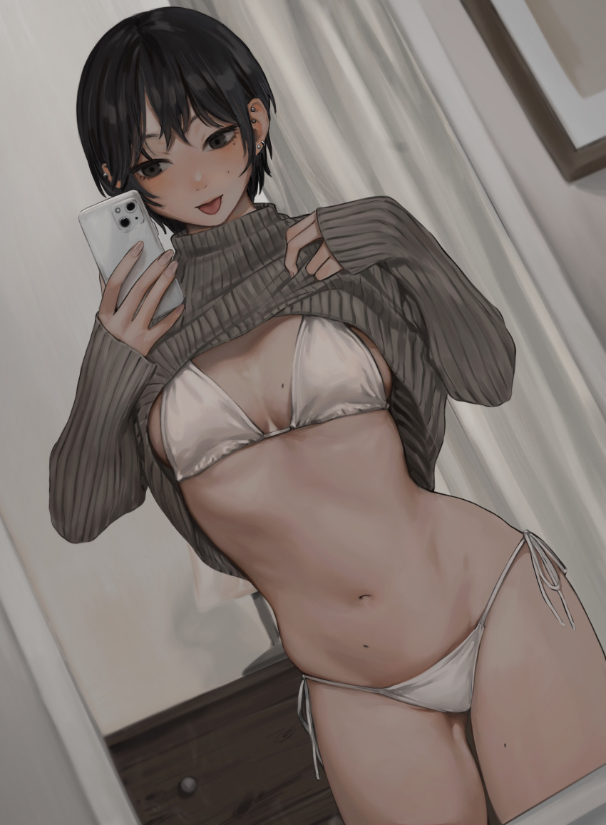 1girl absurdres bikini black_eyes black_hair blush breasts clothes_lift commentary cowboy_shot dutch_angle ear_piercing gompang_11 highres indoors mole mole_on_breast mole_on_stomach mole_on_thigh mole_under_eye navel original panties piercing selfie short_hair side-tie_panties small_breasts solo sweater swimsuit tongue tongue_out turtleneck turtleneck_sweater underwear white_bikini