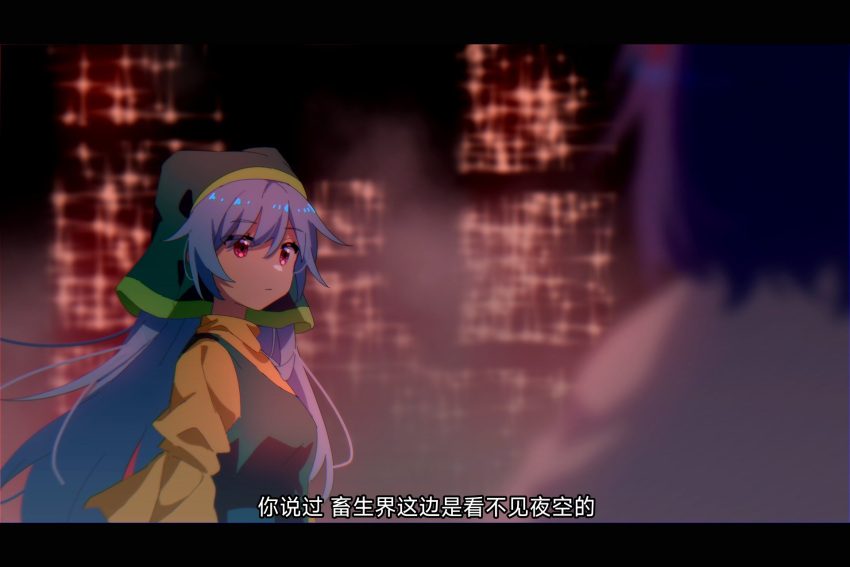 2girls apron blue_hair blurry blurry_background closed_mouth green_apron green_headwear haniyasushin_keiki head_scarf highres letterboxed long_hair looking_at_another multiple_girls red_eyes short_hair single_strap solo_focus tenkyuu_chimata touhou translation_request upper_body xiebaowang