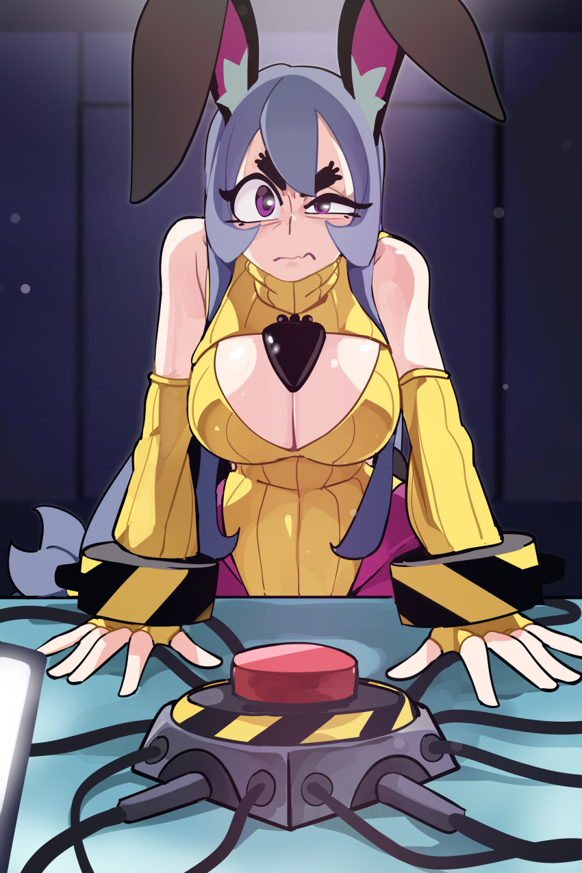 1girl absurdres animal_ears bongfill breasts carrot cleavage cleavage_cutout clothing_cutout commentary detached_sleeves diagonal_stripes english_commentary frown grey_hair half-closed_eye highres large_breasts long_hair meme_attire original purple_eyes rabbit_ears rabbit_girl red_button ribbed_sleeves solo striped tank_(bongfill) thick_eyebrows upper_body v-shaped_eyebrows virgin_killer_sweater wavy_mouth