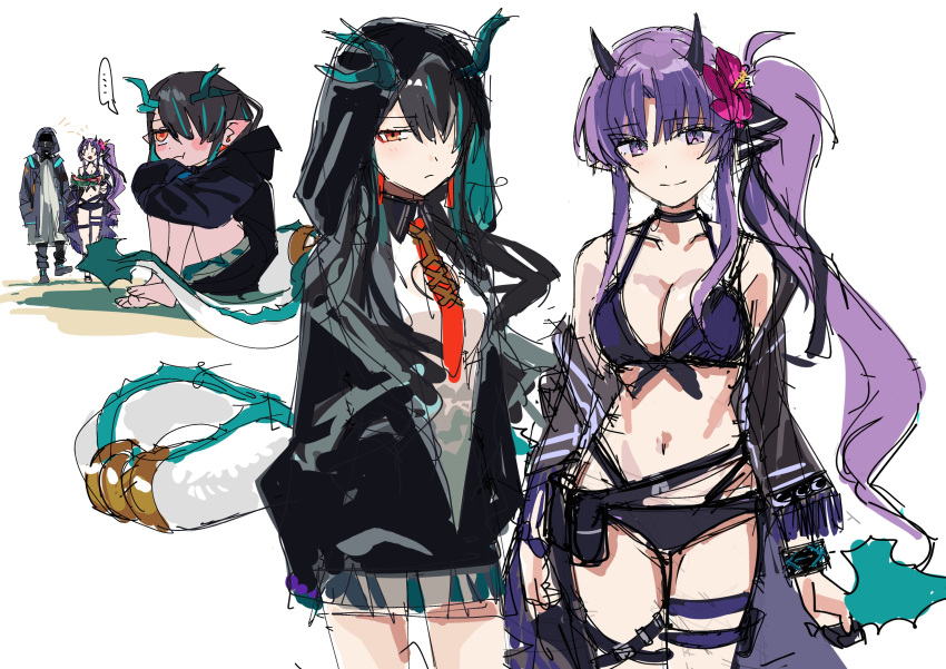 ... 1other 2girls absurdres alternate_costume arknights bare_shoulders barefoot bikini black_bikini black_coat black_hair black_jacket blush blush_stickers bracelet breasts cleavage closed_mouth coat collarbone doctor_(arknights) dragon_girl dragon_horns dragon_tail dusk_(arknights) earrings expressionless flower food fruit green_hair hair_over_one_eye hibiscus hibiscus_(arknights) hibiscus_the_purifier_(arknights) highres hood hood_up hooded_jacket horns hugging_own_legs infection_monitor_(arknights) jacket jewelry large_breasts long_hair long_sleeves looking_at_viewer mask multicolored_hair multiple_girls name_connection navel necktie object_namesake open_clothes open_coat open_jacket pointy_ears pout purple_eyes purple_hair red_eyes red_necktie side_ponytail sitting sketch speech_bubble spoken_ellipsis streaked_hair swimsuit tail tail_ornament tail_ring thigh_gap thigh_strap two-tone_hair very_long_hair watermelon yomosaka