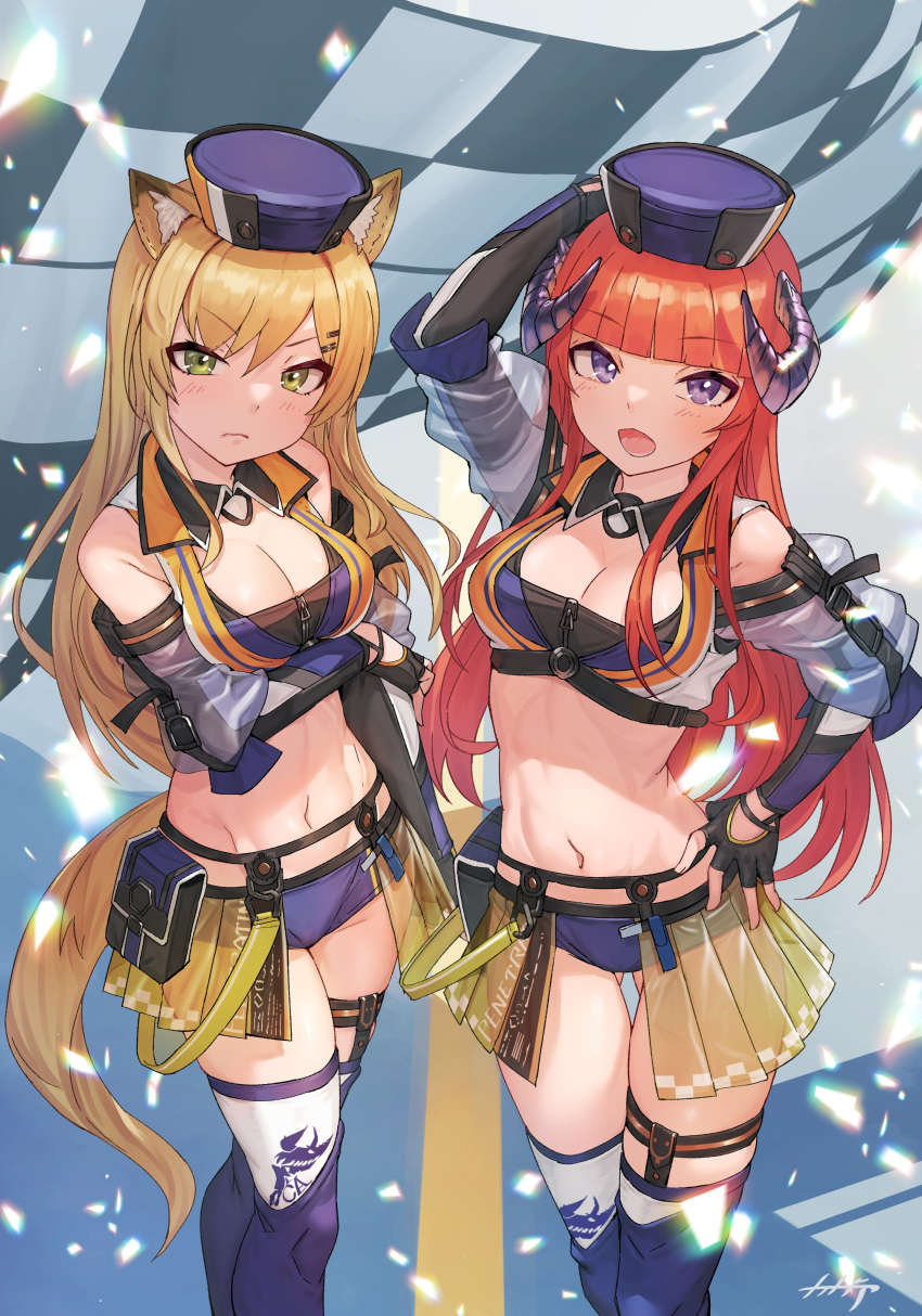 2girls absurdres animal_ears arknights arm_up arpeggio_kaga ass_visible_through_thighs bagpipe_(arknights) bagpipe_(arknights)_(cosplay) bagpipe_(queen_no._1)_(arknights) bangs bare_shoulders belt_pouch black_gloves blonde_hair blue_headwear blue_shorts blue_thighhighs blunt_bangs breast_hold breasts cleavage clothing_cutout commission cosplay crop_top fingerless_gloves frown gloves green_eyes hand_on_hip hat highres horn_(arknights) horns long_hair long_sleeves looking_at_viewer medium_breasts micro_shorts midriff miniskirt multiple_girls navel official_alternate_costume open_mouth orange_hair pleated_skirt pouch purple_eyes race_queen revealing_clothes see-through shorts shoulder_cutout showgirl_skirt skeb_commission skirt standing stomach tail thigh_gap thigh_strap thighhighs thighs v-shaped_eyebrows white_thighhighs wing_collar wolf_ears wolf_tail