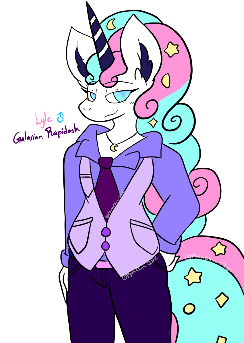anthro blue_eyes blue_hair bottomwear clothed clothing collar galarian_form galarian_rapidash hair hi_res horn lewdchuu_(artist) male moon nintendo pants pink_hair pokemon pokemon_(species) purple_bottomwear purple_clothing purple_pants purple_shirt purple_topwear regional_form_(pokemon) shirt simple_background smile solo star topwear white_background white_body